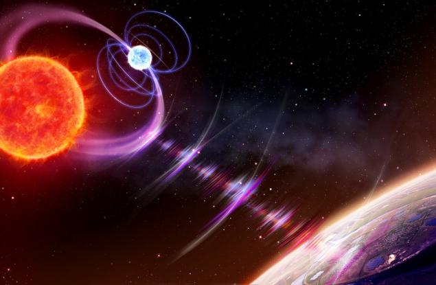 Бяло и червено джудже, които се движат в тандем и извършват една орбита за 2 часа, излъчват радиоимпулси